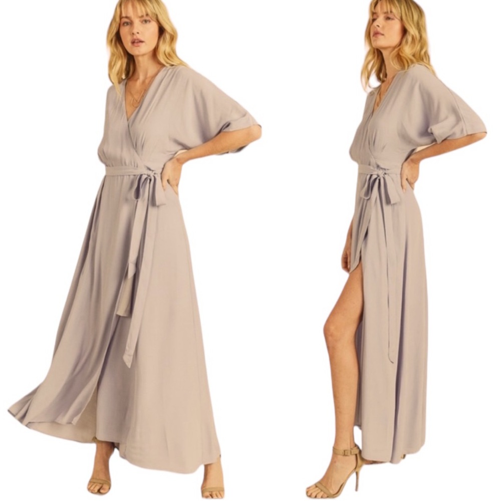 Elegant Taupe Wrap Maxi Dress with Waist Tie